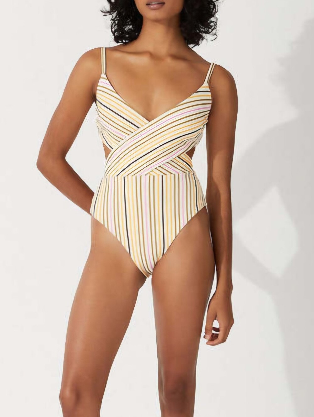 Zulu & Zephyr Mandarin Stripe Wrap Cutout One Piece Swimsuit Ribbed Beach Sz 6 - Picture 2 of 16